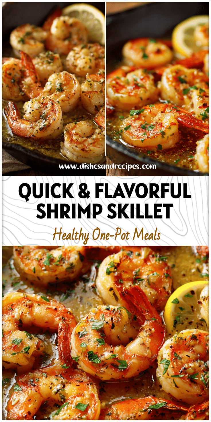 Golden shrimp in a lemon garlic olive-oil sauce served in a skillet as an easy seafood dinner.